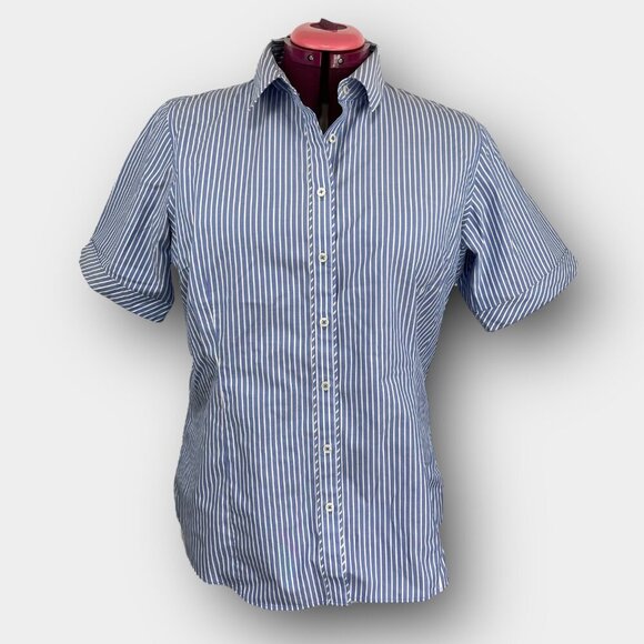 Denver Hayes Pin-Stripe Stretch Blouse XL Blue / White Short-Sleeve Button Front - Picture 1 of 8